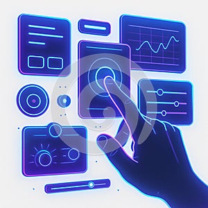 Futuristic neon hand touching digital interface, modern UI UX technology illustration