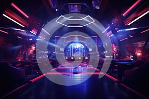 Futuristic neon interior. Night club with neon lights. 3D rendering, Stylish nightclub with neon spotlights, AI Generated