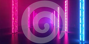 Futuristic Neon Lights Corridor Pink Blue Glowing Pillars Abstract Background