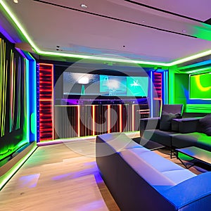 A futuristic, neon-lit nightclub-inspired basement entertainment space with a DJ booth and dance floor3, Generative AI