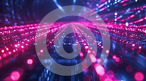 Futuristic neon network grid with flowing binary code for modern design concepts