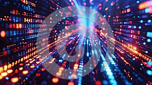 Futuristic neon network grid with flowing binary code in a sleek high tech design concept