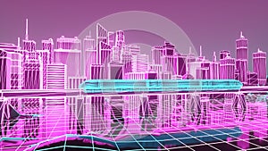 The futuristic neon night city, train traffic on the railway bridge. 3d illustration