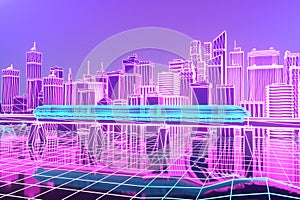 The futuristic neon night city, train traffic on the railway bridge. 3d illustration