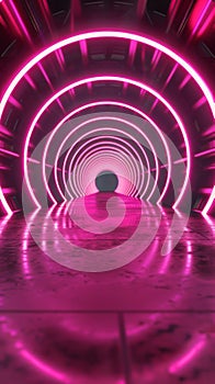 Futuristic neon pink tunnel with circular lights