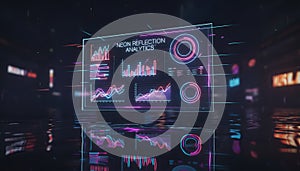 Futuristic Neon Reflection Analytics: Digital Dashboard with Glowing Data Visualizations, Graphs, and Charts in a Dark, Reflective