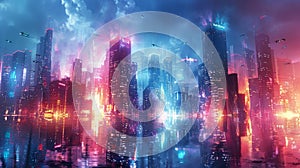 Futuristic neon skyline - generative ai