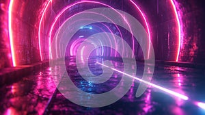 Futuristic neon tunnel background, perspective view of empty road with led purple and red light. Modern design of cyberpunk