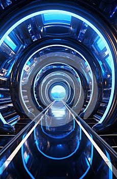 Futuristic Neon Tunnel with Blue Lights and Reflective Surfaces Leading to a Bright Horizon photo