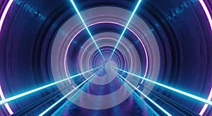 Futuristic neon tunnel with glowing light beams