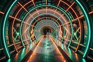 Futuristic neon tunnel walkway with glowing light display
