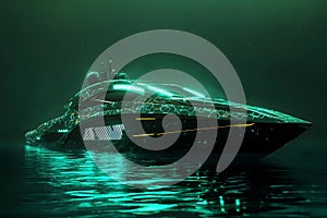 Futuristic neon yacht on tranquil waters under starry night sky
