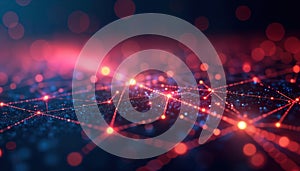 Futuristic network connection abstract graphic. Fiber optic lines connect glowing points in dark space. Network technology