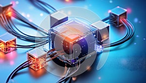 A futuristic network of glowing cubes connected by cables, representing technology