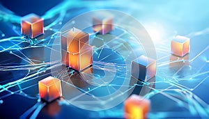A futuristic network of glowing cubes connected by cables, representing technology