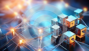A futuristic network of glowing cubes connected by cables, representing technology