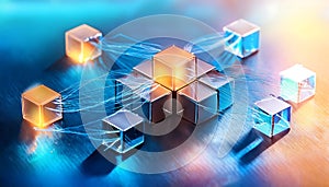 A futuristic network of glowing cubes connected by cables, representing technology