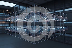 Futuristic network of interconnected cubes in a dark environment