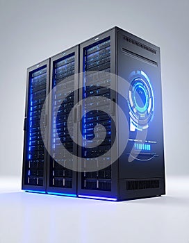 Futuristic Network Servers with Glowing Blue HUD