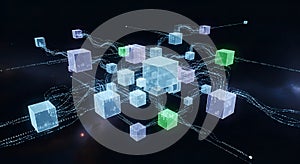 Abstract Digital Network of Glowing Cubes and Data Streams