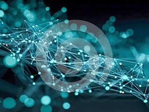 Futuristic network visualization with interconnected glowing nodes and lines representing digital connections and data flow in