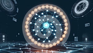 Futuristic network visualization showcasing connected nodes and data flow in a digital landscape