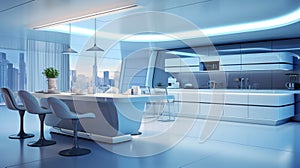 futuristic New modern kitchen. Futuristic high gloss kitchen. generative ai