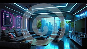 Futuristic newfangled living room in luxurious modern interior design style, Luxurious and magazine cover worthy interior photo