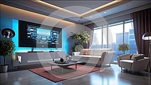 Futuristic newfangled living room in luxurious modern interior design style, Luxurious and magazine cover worthy interior photo