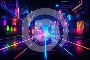 Futuristic night city with neon lights, 3d rendering digital illustration, Neon color roadmap, street, dark background with goals