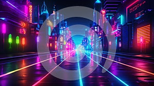 Futuristic night city with neon lights, 3d rendering digital illustration, Neon color roadmap, street, dark background with goals