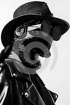 Futuristic Noir Robot in Stylish Hat and Sunglasses on a Monochrome Background