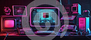 Futuristic Nostalgia: Pixelated Retro Digital Designs with Rubiks Cube and Joystick Control in Dark Room with Neon Accen photo