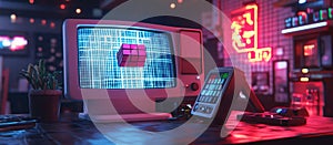 Futuristic Nostalgia: Pixelated Retro Digital Designs with Rubiks Cube and Joystick Control in Dark Room with Neon Accen photo