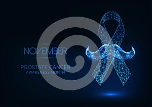 Futuristic November -prostate cancer awareness month web banner with olygonal ribbon and mustaches.