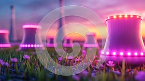 Futuristic Nuclear Power Station with Colorful Lights and Grass at Sunset photo