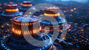 Futuristic Nuclear Power Station with Glowing Lights and Energy Sources photo