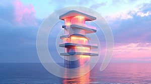 Futuristic Ocean Tower at Sunset