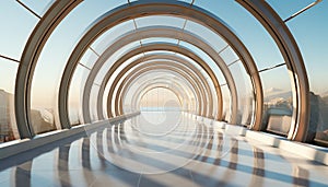 Futuristic office building, bright with steel arches and glass windows generated by AI