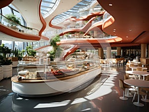Futuristic office cafeteria with AIcontrolled kitchen