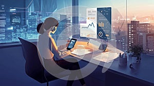 Futuristic office with digital data analytics