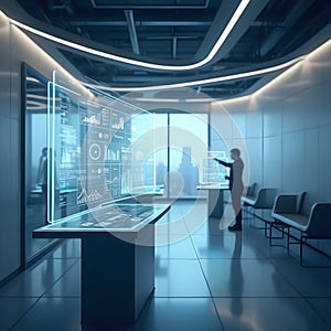 Futuristic office with digital interface for data analysis