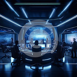 a futuristic office with employees engaging in a live action r