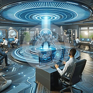 A futuristic office with employees playing a virtual reality g