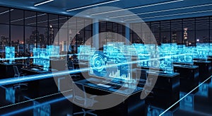 Futuristic Office, Holographic Data Screens, AI Analytics, Global Network, City Skyline at Night