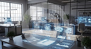 Futuristic Office Holographic Interface, Data Visualization, AI