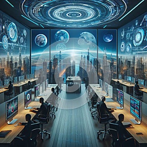 A futuristic office with holographic projections for employee photo