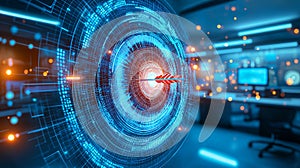 Futuristic office with holographic target and digital elements showcasing advanced technology and innovation atmosphere is