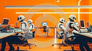 Futuristic office with humanoid robots working at desks