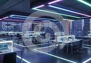 Futuristic office interior with a sleek,